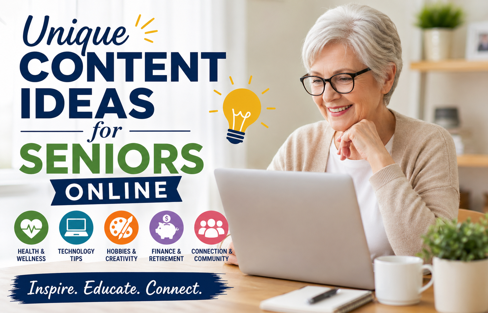 Senior woman with glasses using a laptop; banner reads 'Unique Content Ideas for Seniors Online' with colorful icons.