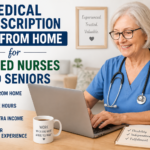 Promotional banner of a nurse at a laptop with 'Medical Transcription Jobs from Home for Retired Nurses and Seniors' text.