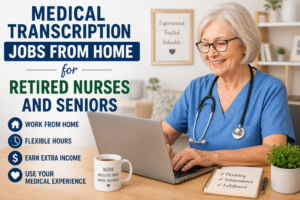 Promotional banner of a nurse at a laptop with 'Medical Transcription Jobs from Home for Retired Nurses and Seniors' text.
